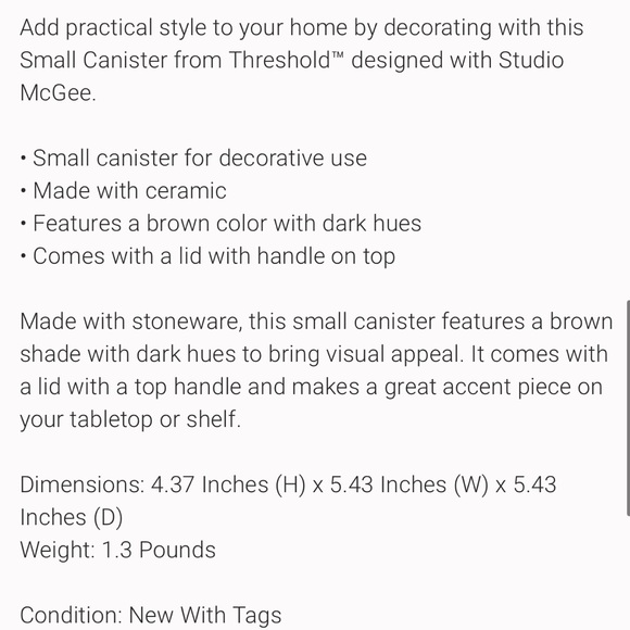 STUDIO MCGEE NWT ceramic canister with lid -brown - Picture 4 of 4